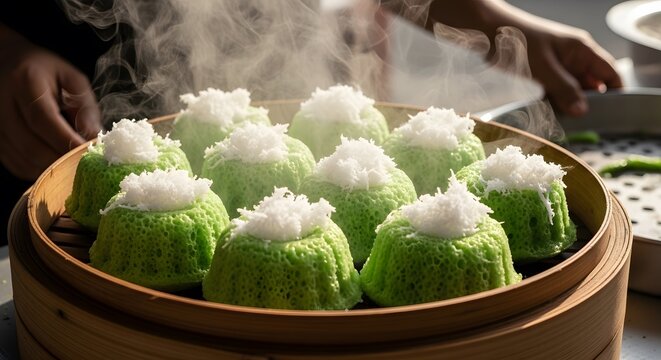 Steamed Coconut and Pandan Kuih Muih Dessert Served in a Bamboo Steamer