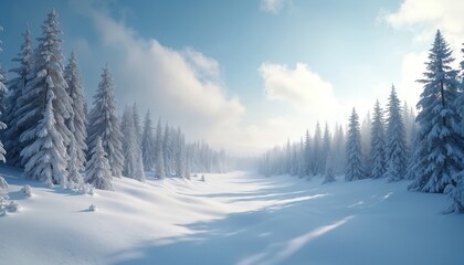 Obraz premium Ethereal snowy forest glade, sunlight filtering through branches creating soft, magical illumination. Pristine winter landscape offers calmness, peace, tranquil beauty. Serene snow-covered trees