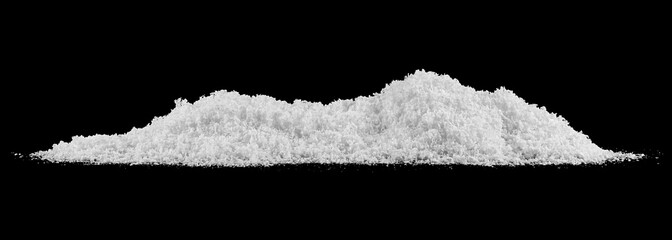 Heap of white fluffy snow isolated on a black background. Snow hills, snowdrifts. Long web banner.