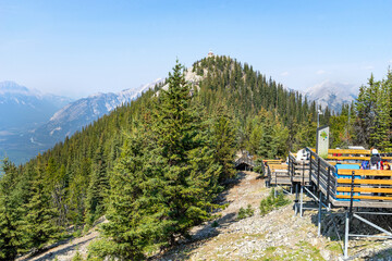 Looking up at Sanson's Peak on the summit of Sulphur Mountain in the Canadian Rockies in Banff, Alberta Canada
