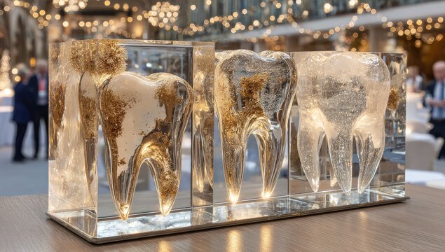Three translucent teeth encased in acrylic blocks, lit from within