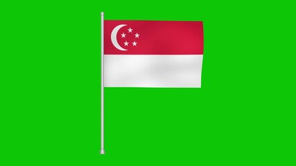 Singaporean flag waving on a pole against a vibrant green screen backdrop in a studio setting