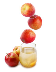 Compot ingredients. Fresh apples falling into glass of drink against white background