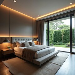 Contemporary master bedroom with sleek design, elegant furniture. Comfortable bed with pillows, blankets. Stylish interior features fireplace, lamp, carpet. Open window green garden setting.