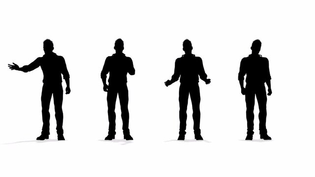 Four silhouettes of a man showcasing a range of emotions and gesturing with his hands, expressing diverse messages through effective body language and nonverbal communication.