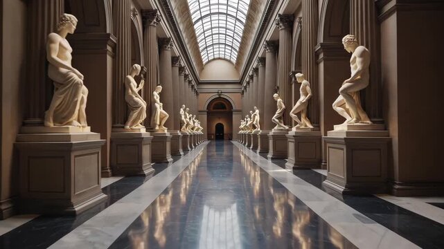 This video guides you through a grand museum hallway lined with classical statues on both sides. Arched windows illuminate the polished floor and elegant columns, creating a timeless atmosphere of art