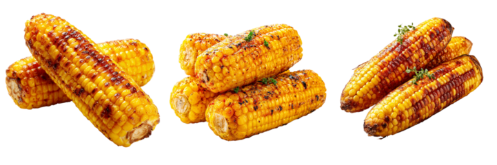 Swt of Close-up of a grilled corn on the cob with butter and spices on transparent png background. Ai generated