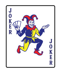 A colorful vector shows a joker playing card, emphasizing bright patterns, expressive character, and dynamic composition, suitable for cards, illustrations, or game designs.