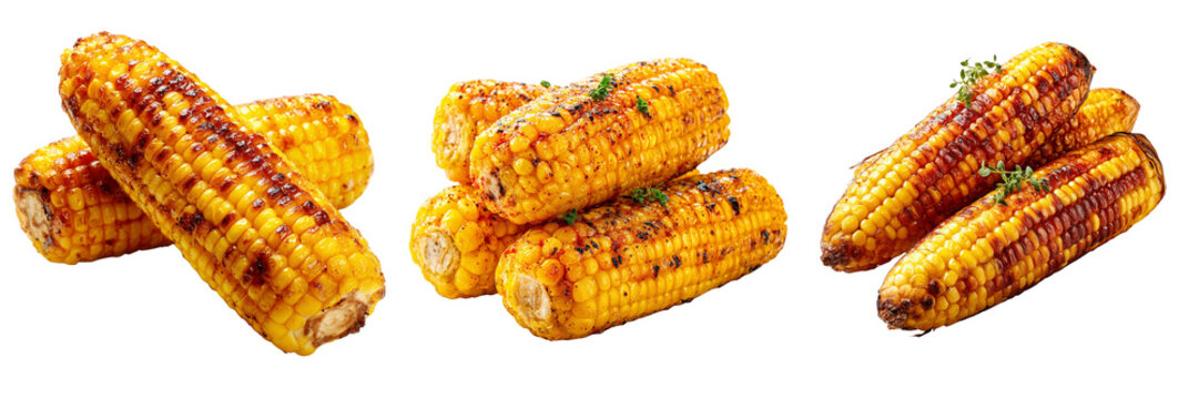 Swt of Close-up of a grilled corn on the cob with butter and spices on transparent png background. Ai generated