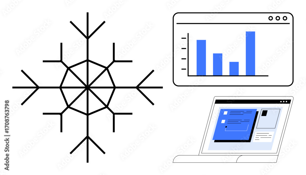 Wall mural geometric snowflake, bar chart in a browser window, and a laptop with open digital interface. ideal 