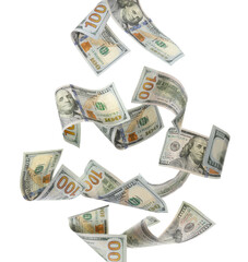 Money. Dollar bills falling against white background