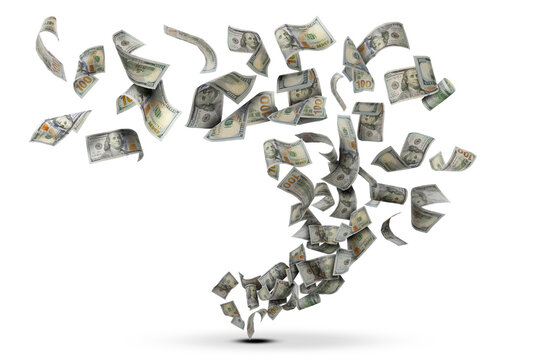 Tornado of money. Dollar bills swirling in air against white background
