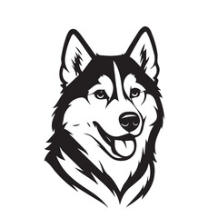 Vector illustration of a Siberian Husky’s head, black and white style, outlined with bold black lines, emphasizing facial features, fur, and expressive eyes.