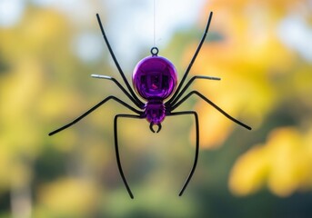 Purple spider decoration hanging for Halloween against a blurred background