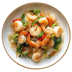 Delicious Shrimp Stir-Fry with Glass Noodles and Vegetables in a Bright Bowl on transparent background