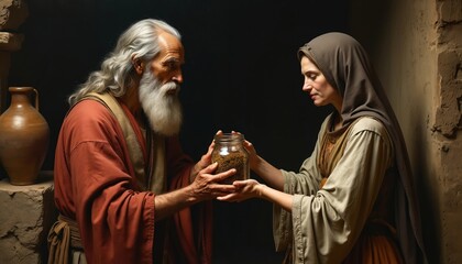 Old Testament scene shows Prophet Elijah giving sustenance to widow during drought. Woman accepts jar with flour or oil. Faith, compassion, and divine provision amid scarcity and hope.