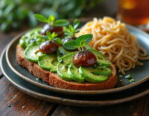 A wooden table holds a plate with toast topped with avocado, cherry tomatoes, and fresh herbs, accompanied by a bowl of spaghetti in a rich red sauce.
