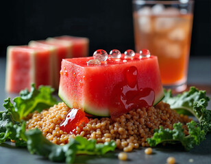 A Watermelon with Red Gel and Ice Cubes Is Topped with Kale and Served with Beans and a Glass of iced Tea.