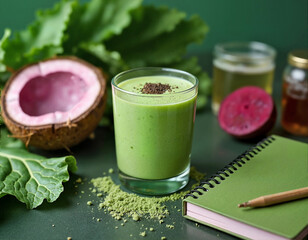 A green smoothie, garnished with cocoa powder and a sprinkle of chia seeds, is served in a glass alongside a coconut, a beet, a notebook, and a wooden pen.