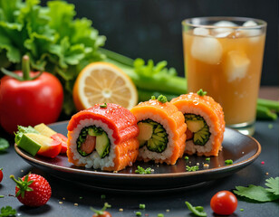 Three vibrant sushi rolls with red, orange, and green fillings are arranged on a black plate, accompanied by a glass of orange juice, a lemon wedge, strawberries, tomatoes, and lettuce.