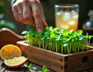 A hand reaches for a green leafy vegetable in a wooden planter, accompanied by a glass of orange juice and a slice of orange on a wooden table.