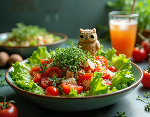 A green salad with fresh lettuce, cherry tomatoes, and sprouts is served on a plate, accompanied by a small owl figurine and a glass of orange juice.