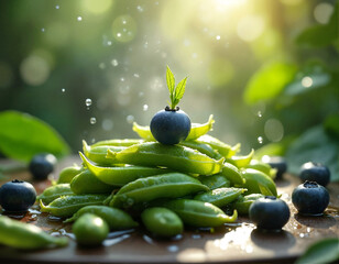 A vibrant display of fresh produce features bright green snap peas and blueberries, arranged in a visually appealing manner.
