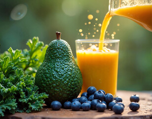 A glass of freshly made orange juice, being poured from a pitcher, is accompanied by a green pear, blueberries, and kale on a wooden surface.