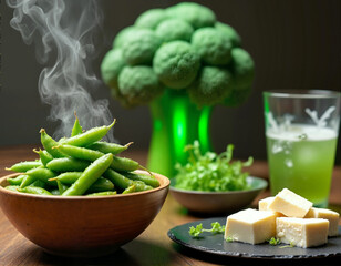 A wooden table displays a bowl of fresh green edamame, a plate of soft white cheese, and a glass of vibrant green liquid.