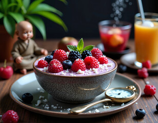 A bowl of mixed berries, garnished with a mint leaf and crumbled cheese, sits on a wooden table with a gold pocket watch, accompanied by a glass of orange juice, a potted plant, and a small figurine.
