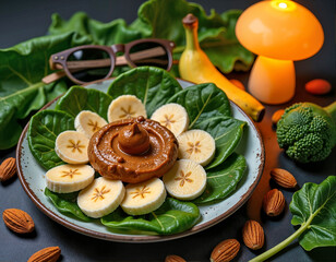 A plate with sliced bananas arranged in a flower-like pattern sits on a table, accompanied by a mushroom lamp, almonds, broccoli, and sunglasses.