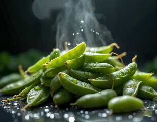 A pile of freshly cooked green snap peas, glistening with water droplets, sits on a reflective surface, with steam rising from the peas.