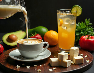 A tall glass of orange juice with ice and a lime wedge is accompanied by a cup of coffee with milk, garnished with strawberries, and an avocado in the background.