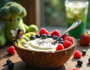 A wooden bowl holds yogurt topped with berries, kiwi, and a fairy figurine, accompanied by a glass of green smoothie and a broccoli toy.