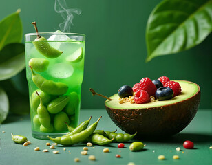 A tall glass holds a green drink with ice and lime slices, accompanied by green edamame pods and a halved avocado with berries and blueberries on a green tablecloth.