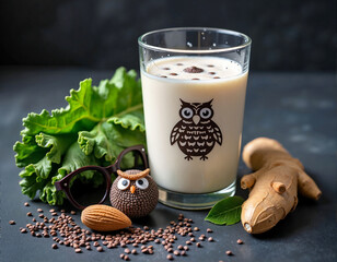 A glass of creamy white drink with a black owl design, accompanied by almonds, ginger, spinach leaves, glasses, and coffee beans, sits on a dark surface.
