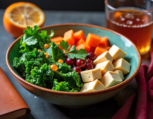 A teal bowl holds a colorful salad of greens, orange cubes, red grapes, and yellow cheese, accompanied by a glass of amber liquid and a closed orange.