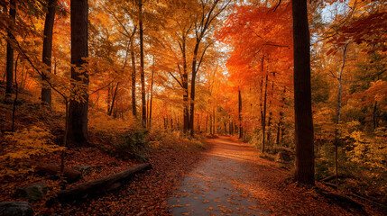 Fototapeta premium Autumn forest with vibrant orange and red leaves, winding path leading through trees, warm golden hour glow