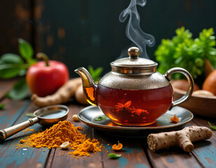 A silver teapot filled with steaming red tea sits on a wooden table, accompanied by a red apple, ginger root, turmeric, cardamom, and bay leaf.