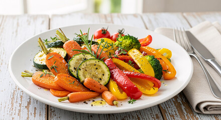 A delicious plate of colorful roasted mixed vegetables, including carrots, zucchini, and bell peppers, seasoned with fresh herbs.