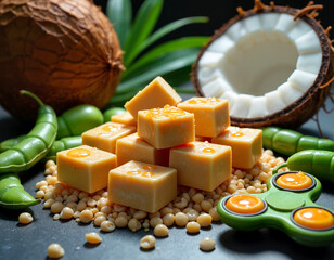 A pyramid of golden-brown, square-shaped desserts is surrounded by green beans, a coconut, and small orange candies on a black surface.