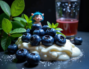 A small figurine with blue hair sits atop a mound of fresh blueberries, accompanied by a glass of reddish-pink juice and a garnish of green leaves.
