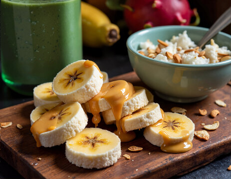 A wooden cutting board holds sliced bananas drizzled with caramel, accompanied by a green smoothie, a bowl of rice with nuts, and a red dragon fruit in the background.