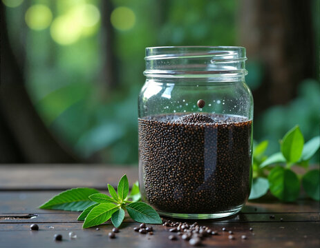 A glass jar filled with black seeds sits on a wooden surface, with a small spout and scattered seeds nearby. Green leaves are placed around the jar, adding a natural touch to the scene.
