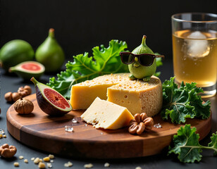 A wooden cheese platter with sliced cheese, figs, kale, walnuts, and a small green fruit with sunglasses sits on a black tablecloth, accompanied by a glass of beer.