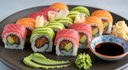 A platter of assorted sushi rolls featuring salmon, tuna, and avocado, served with soy sauce, wasabi, and pickled ginger.