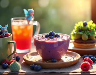 A purple smoothie, blueberries, and raspberries are arranged on a wooden table, accompanied by a glass of iced tea and a green teapot.