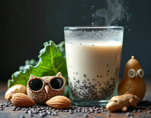 A glass of creamy beverage with chia seeds floats on a wooden surface, accompanied by a whimsical owl figurine, ginger root, almond pieces, and a leafy green garnish.