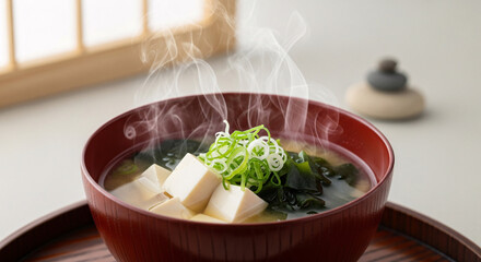 Steaming bowl of traditional Japanese miso soup with tofu, wakame seaweed, and green onions, served on a wooden tray.
