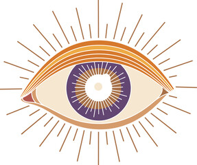 Mystical radiant eye illustration with abstract iris, spiritual symbolism, warm tones, concentric circles, awareness concept, decorative vector design